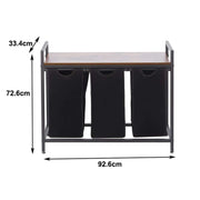 3-Compartment Laundry Sorter with Wood Shelf showcasing dimensions and design features.