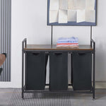 3-Compartment Laundry Sorter with Wood Shelf holding folded clothes in modern laundry room setting.