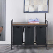3-Compartment Laundry Sorter with Wood Shelf holding folded clothes in modern laundry room setting.
