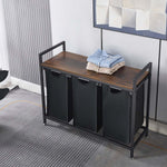 3-Compartment Laundry Sorter with Wood Shelf featuring industrial design and fabric bins for organizing laundry.