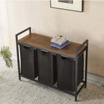 3-Compartment Laundry Sorter with Wood Shelf, modern laundry organizer featuring three compartments and wood top.