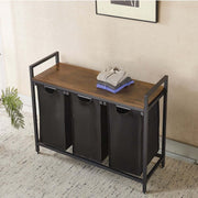 3-Compartment Laundry Sorter with Wood Shelf, modern laundry organizer featuring three compartments and wood top.