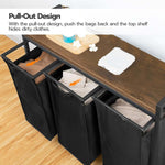 3-Compartment Laundry Sorter with wood shelf featuring pull-out design for easy access and organization of clothes.