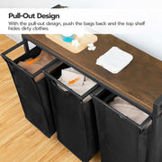3-Compartment Laundry Sorter with wood shelf featuring pull-out design for easy access and organization of clothes.