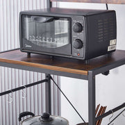 3-Tier Bakers Rack with microwave on a shelf, showcasing organization and built-in power features.