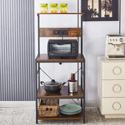 3-Tier Bakers Rack with built-in power outlets, USB port, microwave, and storage for kitchen essentials.
