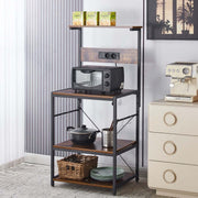 3-Tier Bakers Rack with built-in power outlets and USB port, featuring a microwave and storage baskets.