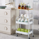 3-Tier Rolling Storage Cart with Wood Top holding beverages and containers, showcasing versatility in home organization.