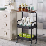 3-Tier Rolling Storage Cart with Wood Top displaying beverages and snacks, ideal for kitchen or office organization.