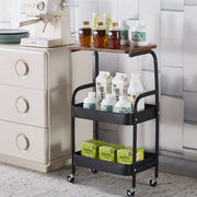 3-Tier Rolling Storage Cart with Wood Top displaying beverages and snacks, ideal for kitchen or office organization.