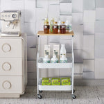 3-Tier Rolling Storage Cart with Wood Top displaying bottles and containers, ideal for kitchen organization and storage.