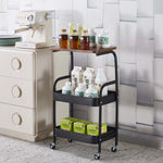 3-Tier Rolling Storage Cart with Wood Top holding drinks and supplies in a stylish kitchen setting.
