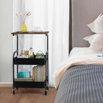 3-Tier Rolling Storage Cart with Wood Top in a stylish bedroom setting, showcasing efficient organization.