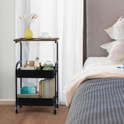 3-Tier Rolling Storage Cart with Wood Top in a stylish bedroom setting, showcasing efficient organization.