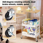 3-Tier Rolling Storage Cart with Wood Top showcasing 360-degree rotating wheels and dual brake wheels for stability and quiet movement.