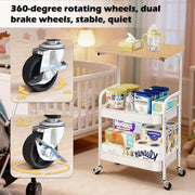 3-Tier Rolling Storage Cart with Wood Top showcasing 360-degree rotating wheels and dual brake wheels for stability and quiet movement.