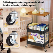 3-Tier Rolling Storage Cart with wood top featuring 360-degree rotating wheels for easy mobility in various settings.