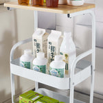 3-Tier Rolling Storage Cart holding various bottles and containers on a wood top, ideal for organizing items.