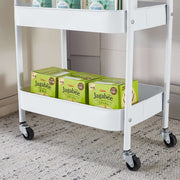 3-Tier Rolling Storage Cart with Wood Top, featuring snacks on the bottom shelf and strong rolling wheels for easy mobility.