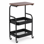 Black metal utility cart with a wooden top on a white background