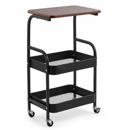 Black metal utility cart with a wooden top on a white background