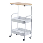 3-Tier Rolling Storage Cart with Wood Top ideal for kitchen or office use, featuring two spacious baskets and wheels for mobility.