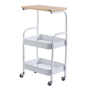 3-Tier Rolling Storage Cart with Wood Top ideal for kitchen or office use, featuring two spacious baskets and wheels for mobility.