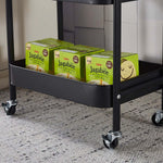 3-Tier Rolling Storage Cart with Wood Top holding Calbee Jagabee snack boxes in the lower shelf.