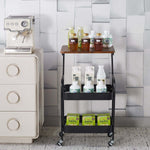 3-Tier Rolling Storage Cart with Wood Top displaying bottles on a modern kitchen backdrop.