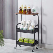 3-Tier Rolling Storage Cart with Wood Top holding drinks and snacks in a stylish kitchen setting.