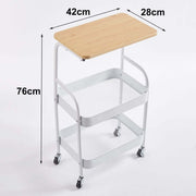 3-Tier Rolling Storage Cart with Wood Top dimensions shown, featuring a wooden surface and white mesh baskets.