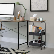 3-Tier Rolling Storage Cart with Wood Top beside a modern desk, showcasing organization and style in an office setting.