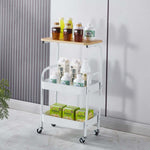 3-Tier Rolling Storage Cart with Wood Top holding drinks and beverages, perfect for kitchen or storage organization.