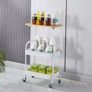 3-Tier Rolling Storage Cart with Wood Top holding drinks and beverages, perfect for kitchen or storage organization.