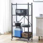 Mobile Kitchen Shelf featuring a multi-tier design with microwave, cookware, and storage baskets.
