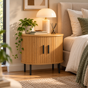 Oval Side Table with Storage and Sliding Tambour Doors
