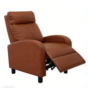Manual Recliner Chair in brown leather with reclining feature and cushioned back for comfort and relaxation.