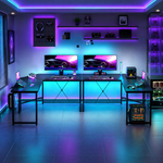L shaped gaming desk with monitor stand shelf and metal frame design