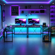 L shaped gaming desk with monitor stand shelf and metal frame design