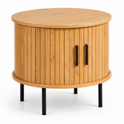 Round side table with storage and sliding tambour doors in wood grain