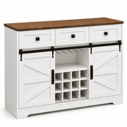 Farmhouse Wine Bar Cabinet with a rustic wood top and a crisp white finish, perfect for wine storage and home decor.