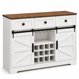 Farmhouse Wine Bar Cabinet with a rustic wood top and a crisp white finish, perfect for wine storage and home decor.
