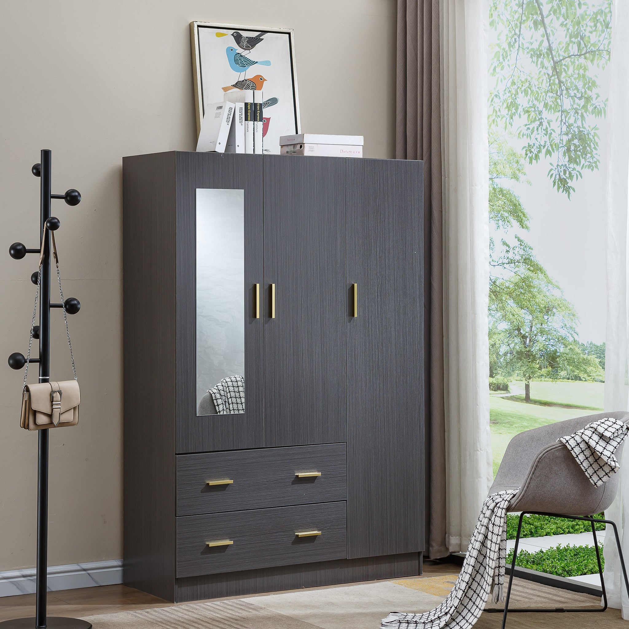 3 Door Wardrobe with Mirror Closet Clothes Storage  WD-115 Straight Oak
