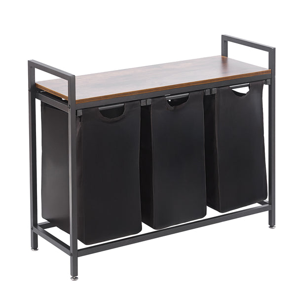 3-Compartment Laundry Sorter with wood shelf and modern design for organizing laundry effortlessly