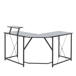 L shaped gaming desk in black, designed for work and gaming setup, featuring a modern and spacious layout.