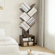 Freestanding Tree Bookshelf with Cabinet showcasing books and decorative items in a minimalist living space.