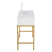 Side view of slim white dressing table with gold metal frame