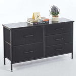 5-drawer storage cabinet TV stand in black with fabric drawers and wooden top, ideal for home organization.