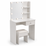 White Dressing Table with LED Mirror featuring bright lights and storage for a luxurious beauty station