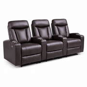 Electric 3 seater recliner sofa KJ-3554 in dark brown leather upholstery, featuring separate reclining controls.